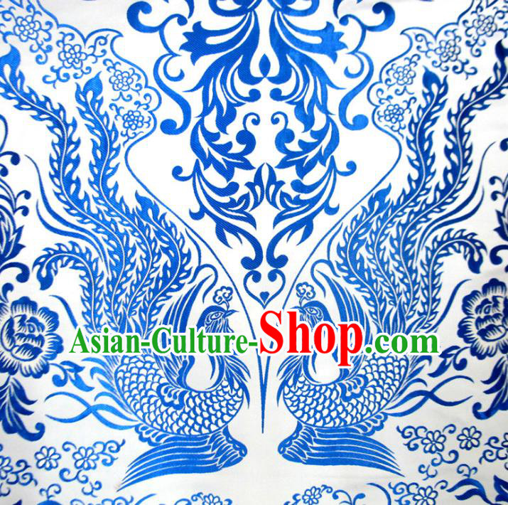 Chinese Traditional Costume Royal Palace Blue and White Porcelain Phoenix Pattern Satin Nanjing Brocade Fabric, Chinese Ancient Clothing Drapery Hanfu Cheongsam Material