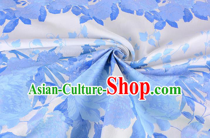 Chinese Traditional Costume Royal Palace Peony Pattern Blue Brocade Fabric, Chinese Ancient Clothing Drapery Hanfu Cheongsam Material