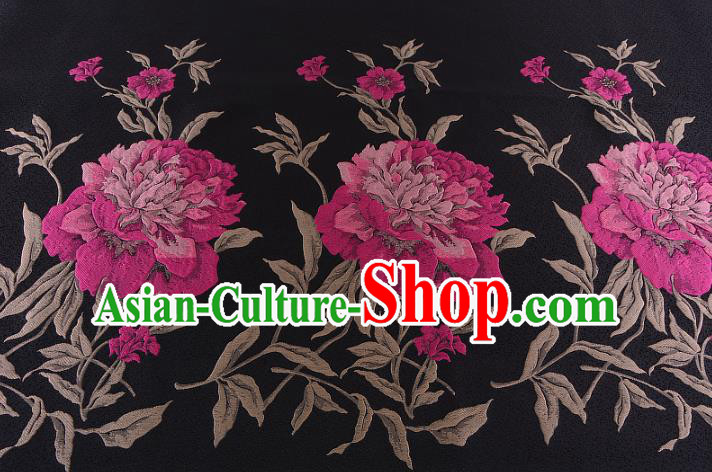 Chinese Traditional Costume Royal Palace Printing Peony Pattern Black Brocade Fabric, Chinese Ancient Clothing Drapery Hanfu Cheongsam Material