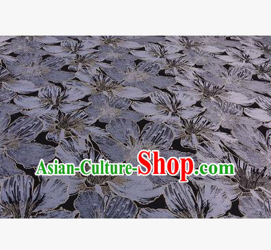 Chinese Traditional Costume Royal Palace Printing Grey Lily Flowers Black Satin Brocade Fabric, Chinese Ancient Clothing Drapery Hanfu Cheongsam Material