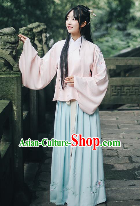 Traditional Chinese Ming Dynasty Nobility Lady Ancient Princess Hanfu Costume Embroidered Paeonia Lactiflora Blouse and Skirt for Women