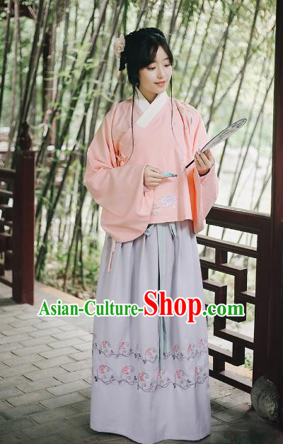 Traditional Chinese Ming Dynasty Young Lady Ancient Princess Hanfu Costume Embroidered Sleeve Placket Blouse and Skirt for Women