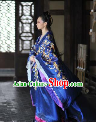 Traditional Ancient Chinese Costume, Elegant Hanfu Clothing, Chinese Han Dynasty Imperial Emperess Tailing Royalblue Embroidered Clothing for Women