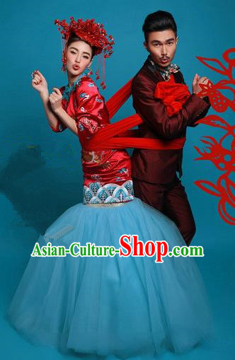 Traditional Chinese Wedding Costume, Elegant Chinese Wedding Bride Toast Full Dress Embroidered Clothing for Women
