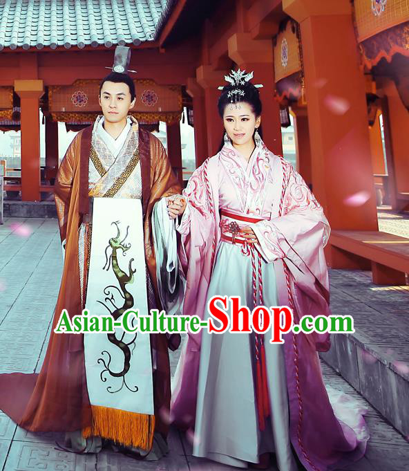 Traditional Ancient Chinese Imperial Consort and Emperor Costume Set, Elegant Hanfu Clothing Chinese Han Dynasty Imperial Queen and King Tailing Embroidered Clothing for Women for Men