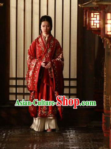 Traditional Ancient Chinese Imperial Consort Wedding Costume, Elegant Hanfu Red Clothing Chinese Han Dynasty Imperial Emperess Tailing Embroidered Clothing for Women