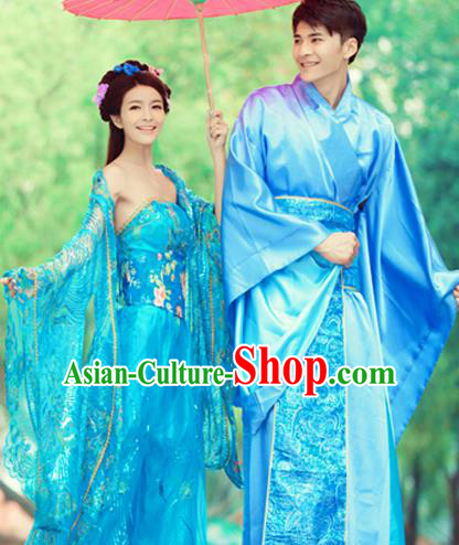 Traditional Ancient Chinese Lovers Costume, Chinese Tang Dynasty Female and Male Dress, Cosplay Chinese Imperial Concubine Embroidered Clothing for Women for Men