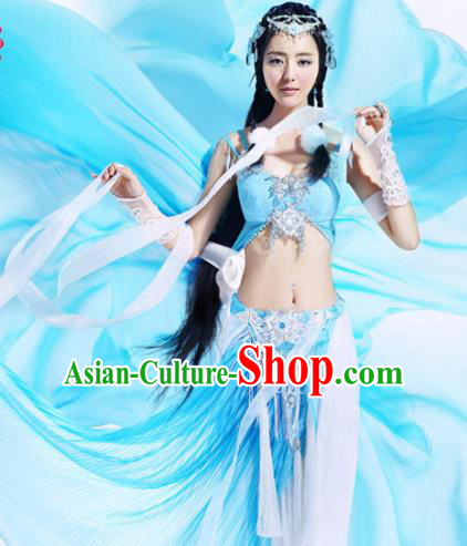 Ancient Chinese Swordsman Elegant Blue Costumes for Women