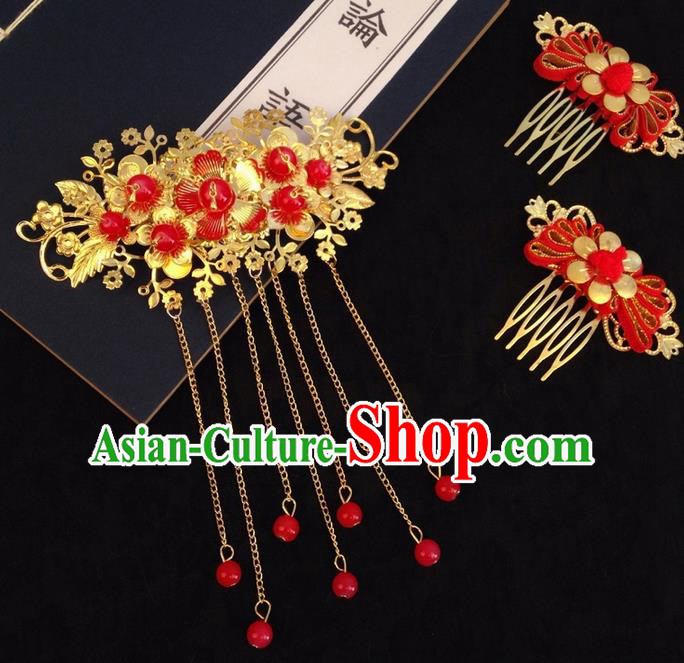 Chinese Wedding Jewelry Accessories Traditional Xiuhe Suits Wedding Bride Headwear Wedding Hair Comb Tiara Ancient Chinese Red Tassel Harpins for Women