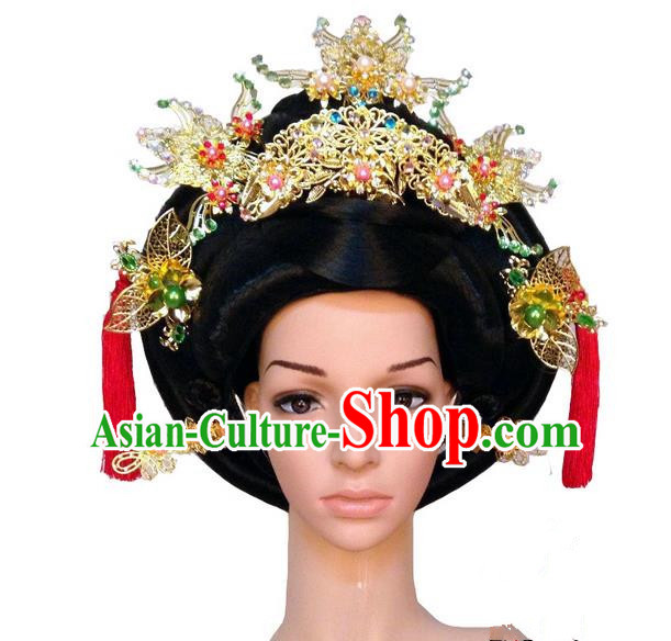 Chinese Wedding Jewelry Accessories Traditional Xiuhe Suits Wedding Bride Headwear, Wedding Hair Accessories Tiara Ancient Chinese Red Tassel Harpins Complete Set for Women