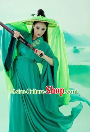 Ancient Chinese Swordsman Green Embroidered Costumes Han Dynasty Clothing for Women