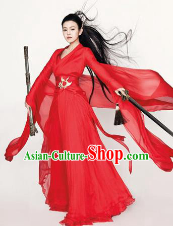 Ancient Chinese Swordsman Elegant Red Costumes Han Dynasty Clothing for Women