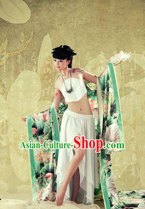 Traditional Ancient Chinese Imperial Consort Sexy Costume, Elegant Hanfu Clothing Chinese Tang Dynasty Imperial Emperess Tailing Green Chiffon Clothing for Women