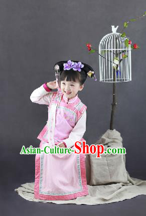 Traditional Ancient Chinese Children Costume, Chinese Qing Dynasty Manchu Little Lady Dress, Chinese Mandarin Robes Imperial Concubine Embroidered Clothing for Kids