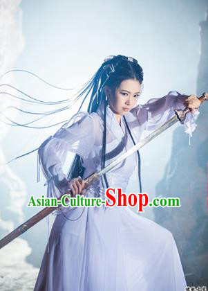 Ancient Chinese Swordsman Elegant Costumes White Hanfu Fairy Clothing for Women