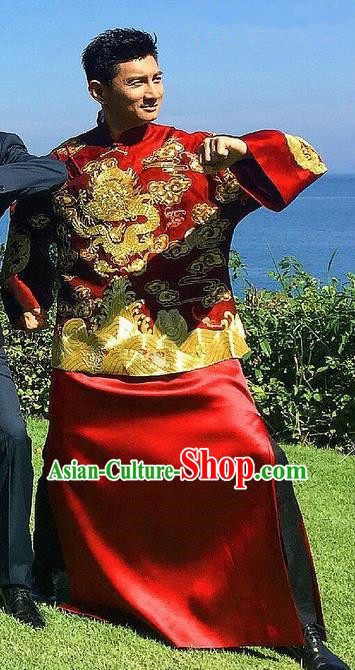 Traditional Ancient Chinese Costume Chinese Style Tang Suit Wedding Red Dress Ancient Long Embroidered Dragon Flown Mandarin Jacket Groom Toast Clothing for Men
