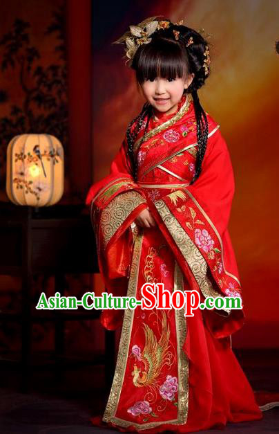 Traditional Ancient Chinese Imperial Consort Children Costume, Children Elegant Hanfu Dress Chinese Tang Dynasty Imperial Concubine Red Clothing for Kids