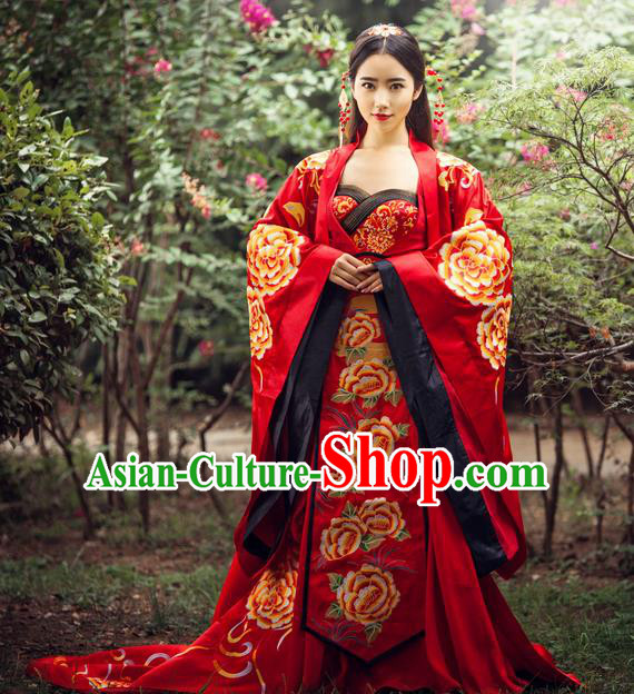 Traditional Ancient Chinese Imperial Consort Wedding Costume, Elegant Hanfu Red Dress, Chinese Tang Dynasty Imperial Emperess Tailing Embroidered Peony Clothing for Women