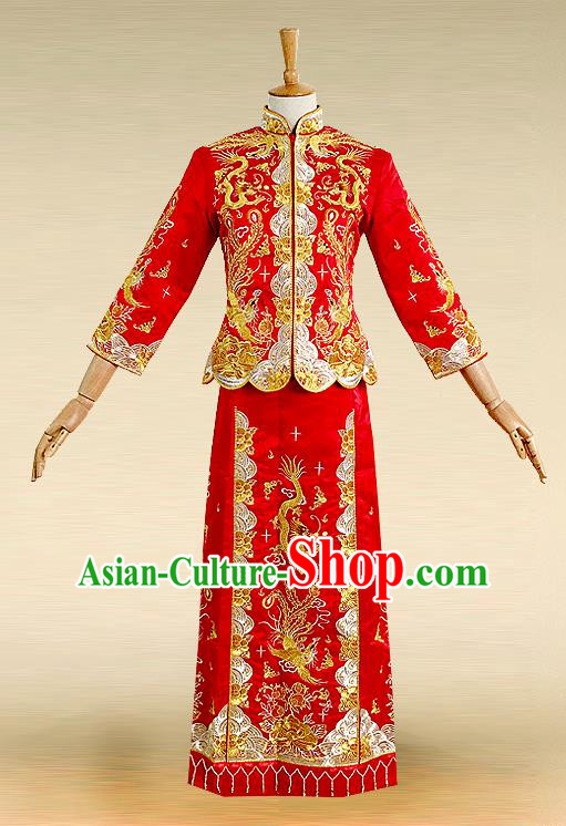 Traditional Ancient Chinese Costume Xiuhe Suits, Chinese Style Wedding Bride Full Dress, Restoring Ancient Women Red Embroidered Dragon and Phoenix Slim Flown, Bride Toast Cheongsam for Women