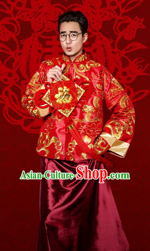 Traditional Ancient Chinese Costume Chinese Style Tang Suit Wedding Red Dress Ancient Long Dragon and Phoenix Flown Mandarin Jacket Groom Toast Clothing for Men