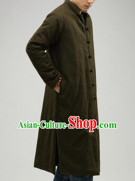 Top Chinese National Tang Suits Flax Frock Costume, Martial Arts Kung Fu Training Uniform Kung fu Unlined Upper Garment Cotton-Padded Coats, Chinese Male Army Green Zen Suit, Taichi Suits Long Robe Wushu Clothing for Men