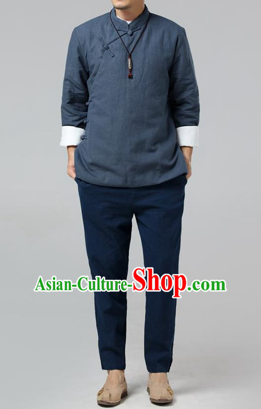 Top Chinese National Tang Suits Flax Frock Costume, Martial Arts Kung Fu Slant Opening Dark Blue Jackets, Kung fu Plate Buttons Unlined Upper Garment, Chinese Taichi Cotton-Padded Coats Wushu Clothing for Men