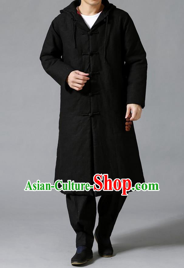 Top Chinese National Tang Suits Flax Frock Costume, Martial Arts Kung Fu Front Opening Black Coats, Kung fu Plate Buttons Unlined Upper Garment Hooded Robes, Chinese Taichi Cotton-Padded Dust Coats Wushu Clothing for Men