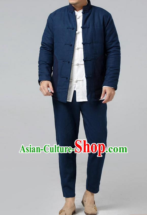 Top Chinese National Tang Suits Flax Frock Costume, Martial Arts Kung Fu Front Opening Purplish Blue Coats, Kung fu Plate Buttons Unlined Upper Garment Lay Buddhist Suit, Chinese Taichi Cotton-Padded Short Coats Wushu Clothing for Men