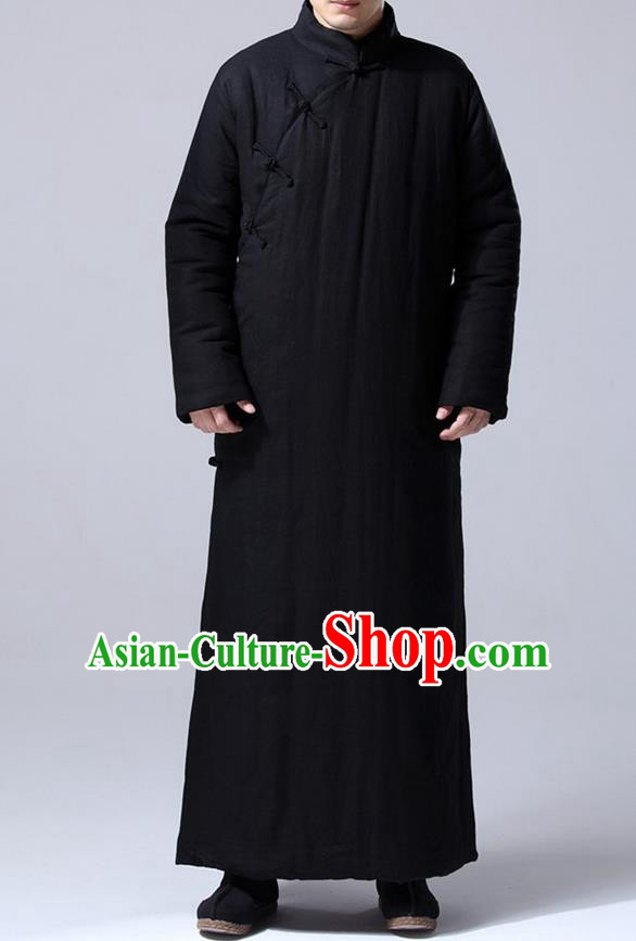 Traditional Top Chinese National Tang Suits Flax Frock Costume, Martial Arts Kung Fu Front Slant Black Teacher Coats, Kung fu Plate Buttons Unlined Upper Garment Robes, Chinese Taichi Cotton-Padded Robe Dust Coats Wushu Clothing for Men