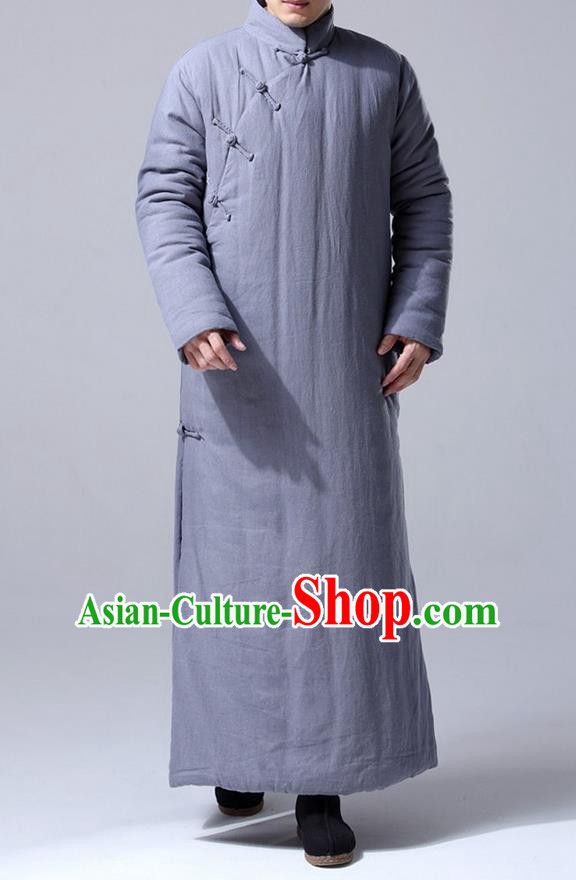 Traditional Top Chinese National Tang Suits Flax Frock Costume, Martial Arts Kung Fu Front Slant Grey Teacher Coats, Kung fu Plate Buttons Unlined Upper Garment Robes, Chinese Taichi Cotton-Padded Robe Dust Coats Wushu Clothing for Men