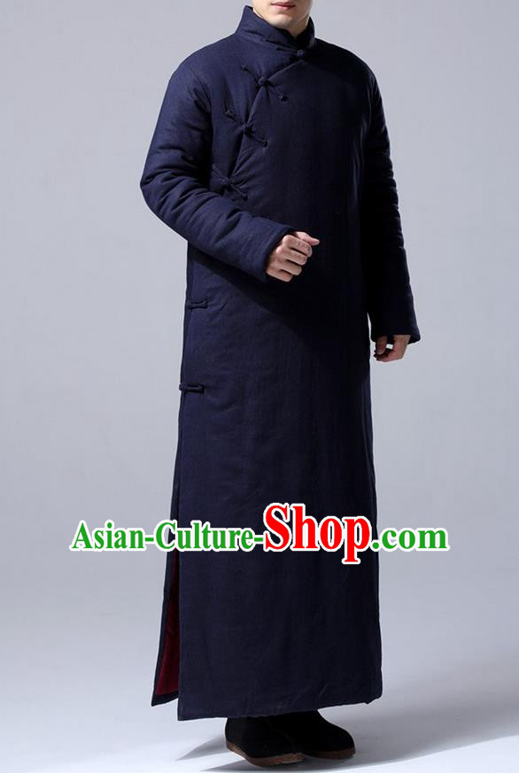 Traditional Top Chinese National Tang Suits Flax Frock Costume, Martial Arts Kung Fu Front Slant Purplish Blue Teacher Coats, Kung fu Plate Buttons Unlined Upper Garment Robes, Chinese Taichi Cotton-Padded Robe Dust Coats Wushu Clothing for Men