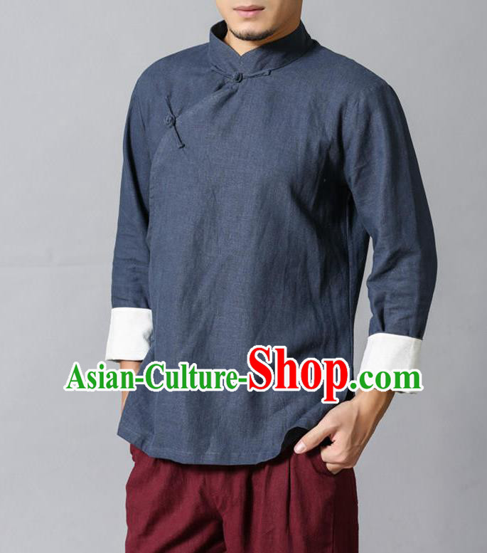 Top Chinese National Tang Suits Flax Frock Costume, Martial Arts Kung Fu Slant Opening Stand Collar Dusty Blue Blouse, Kung fu Plate Buttons Unlined Upper Garment Blouse, Chinese Taichi Shirts Wushu Clothing for Men
