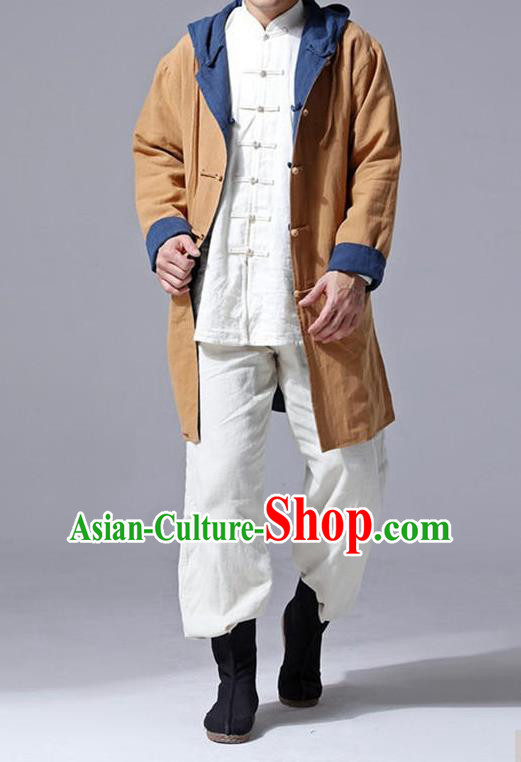 Traditional Top Chinese National Tang Suits Flax Frock Costume, Martial Arts Kung Fu Front Opening Double Color Turmeric Navy Coats, Kung fu Plate Buttons Unlined Upper Garment Hooded Robes, Chinese Taichi Double Side Dust Coats Wushu Clothing for Men
