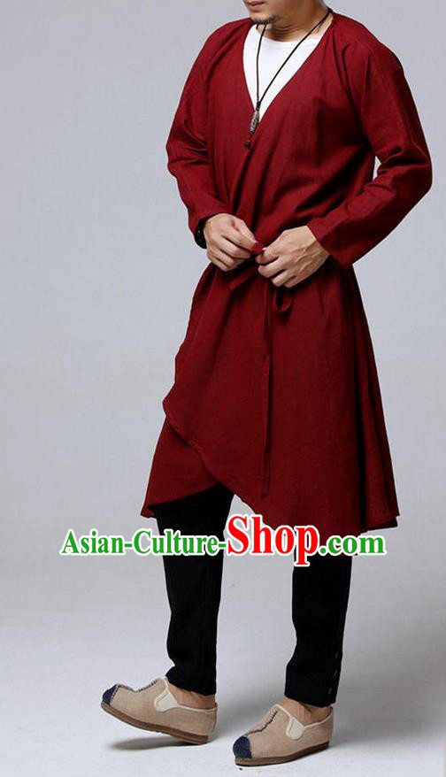 Traditional Top Chinese National Tang Suits Flax Frock Costume, Martial Arts Kung Fu Dark Red Cardigan, Kung fu Unlined Upper Garment, Chinese Taichi Dust Coats Wushu Clothing for Men