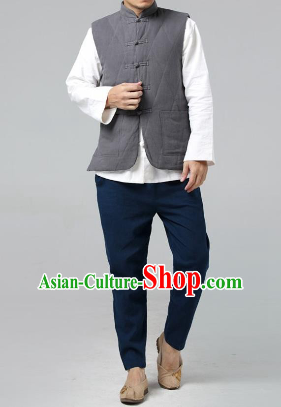 Traditional 	 Top Chinese National Tang Suits Flax Frock Costume, Martial Arts Kung Fu Front Opening Dusty Blue Vests, Kung fu Plate Buttons Unlined Upper Garment Waistcoat, Chinese Taichi Cotton-Padded Vest Wushu Clothing for Men