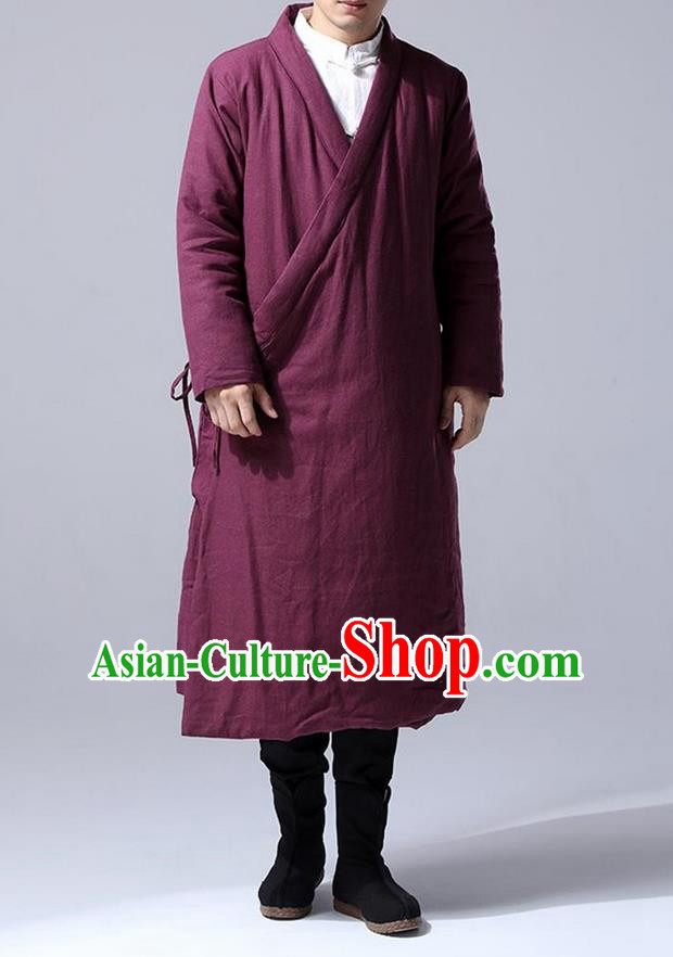 Traditional 	 Top Chinese National Tang Suits Flax Frock Costume, Martial Arts Kung Fu Slant Opening Fuchsia Hanfu Long Gown, Kung fu Plate Buttons Unlined Upper Garment Coat, Chinese Taichi Cotton-Padded Robes Wushu Clothing for Men