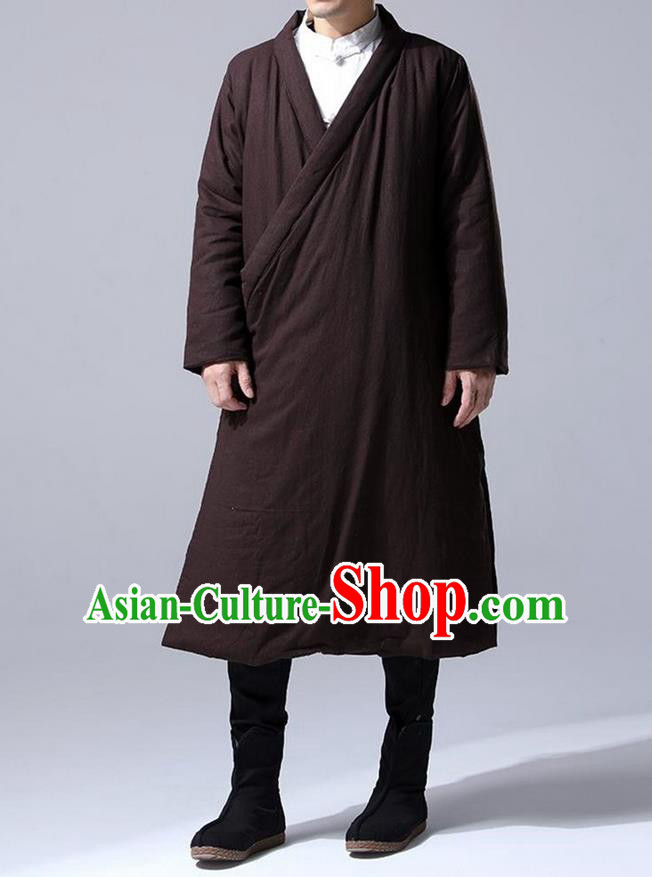 Traditional 	 Top Chinese National Tang Suits Flax Frock Costume, Martial Arts Kung Fu Slant Opening Coffee Hanfu Long Gown, Kung fu Plate Buttons Unlined Upper Garment Coat, Chinese Taichi Cotton-Padded Robes Wushu Clothing for Men