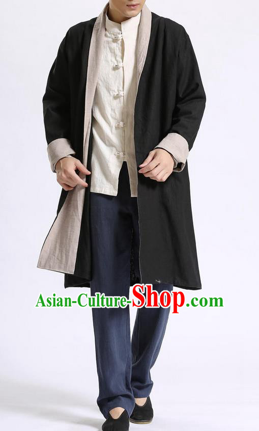 Traditional Top Chinese National Tang Suits Flax Frock Costume, Martial Arts Kung Fu Beige Lapel Double-sided Black-Gray Cardigan, Kung fu Unlined Upper Garment Cloak, Chinese Taichi Dust Coats Wushu Clothing for Men