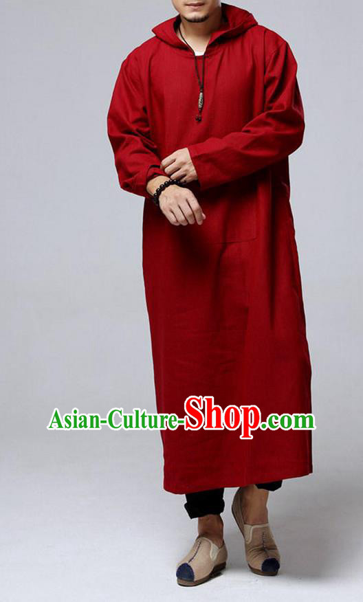 Traditional Top Chinese National Tang Suits Flax Frock Costume, Martial Arts Kung Fu Red Long Zen Suit, Kung fu Unlined Upper Garment Hooded Robes, Chinese Taichi Hooded Gown Coats Wushu Clothing for Men