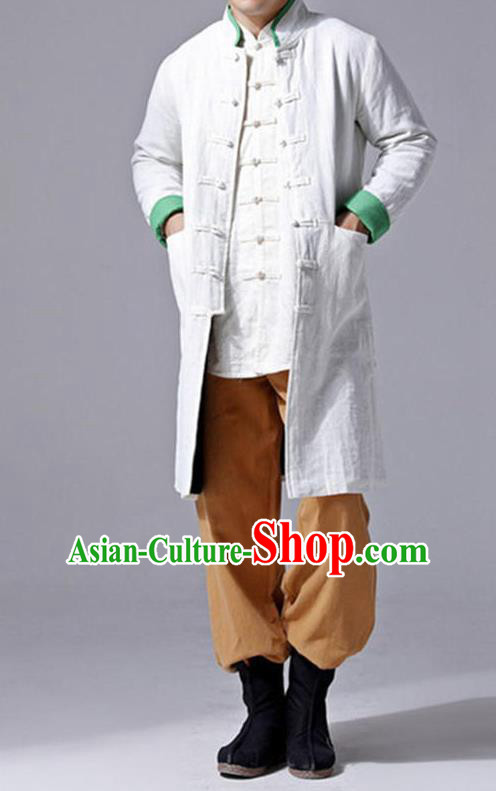 Traditional Top Chinese National Tang Suits Flax Frock Costume, Martial Arts Kung Fu Front Opening White Wool Coats, Kung fu Plate Buttons Unlined Upper Garment Jacket Robes, Chinese Taichi Dust Coats Wushu Clothing for Men