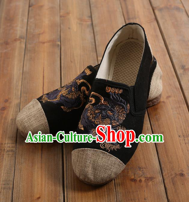 Traditional Top Chinese National Flax Frock Shoes, Martial Arts Kung Fu Embroidered Kylin Cloth Shoes, Kung fu Chinese Taichi Shoes for Men