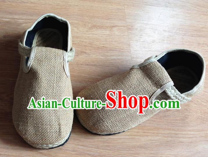 Traditional Top Chinese National Flax Frock Shoes, Martial Arts Kung Fu Straw Plaited Beige Shoes, Kung fu Chinese Taichi Shoes for Men