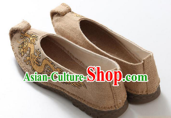 Traditional Top Chinese National Flax Frock Shoes, Martial Arts Kung Fu Embroidered Dragon Beige Cloth Shoes, Kung fu Chinese Taichi Shoes for Men