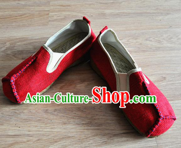 Traditional Top Chinese National Flax Frock Shoes, Martial Arts Kung Fu Rattan Plaited Red Cloth Shoes, Kung fu Chinese Taichi Shoes for Men