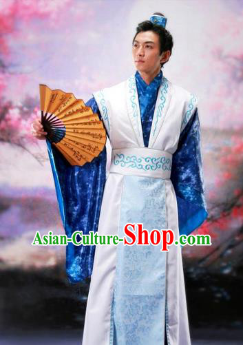 Traditional Ancient Chinese Nobility Childe Costume, Chinese Scholar Hanfu Dress Chinese Tang Dynasty Imperial Prince Embroidered Blue Clothing for Men