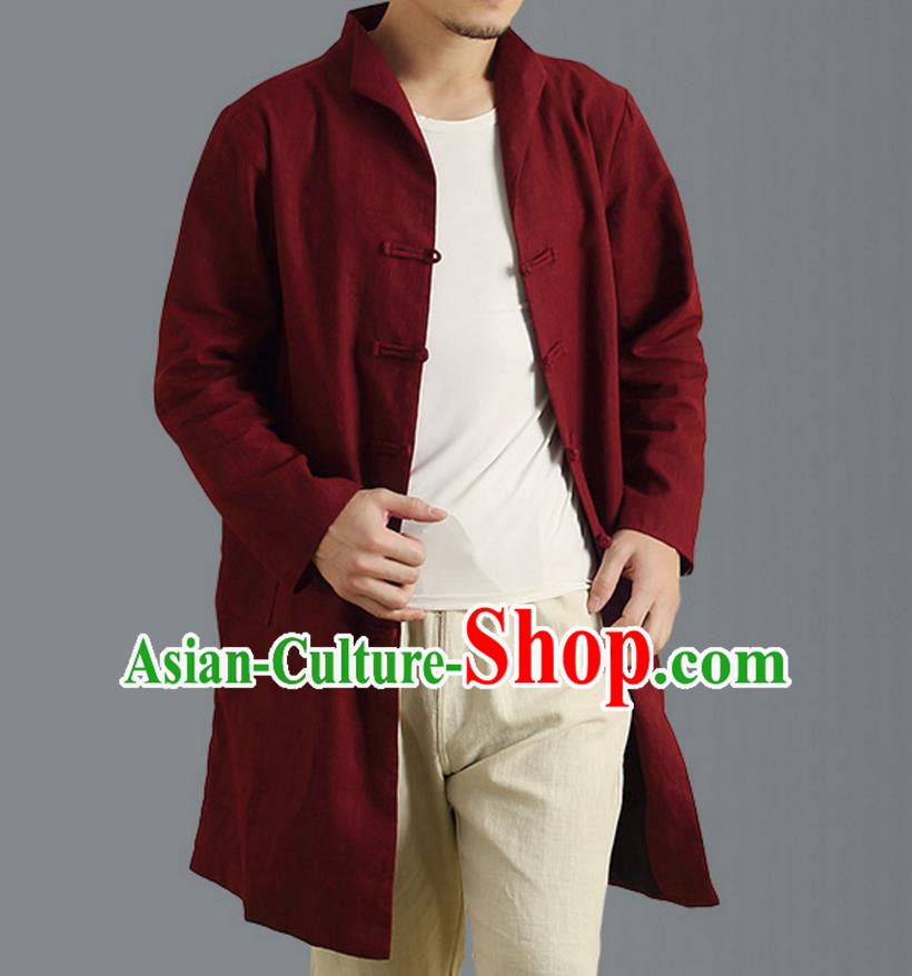 Traditional Top Chinese National Tang Suits Linen Frock Costume, Martial Arts Kung Fu Front Opening Stand Collar Wine Red Coats, Kung fu Plate Buttons Side Slit Robes, Chinese Taichi Dust Coats Wushu Clothing for Men