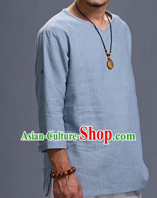Traditional Top Chinese National Tang Suits Linen Frock Costume, Martial Arts Kung Fu Three Quarter Sleeve Light Blue T-Shirt, Kung fu Unlined Upper Garment, Chinese Taichi Shirts Wushu Clothing for Men