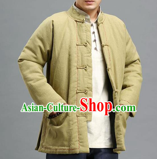 Traditional 	Top Chinese National Tang Suits Linen Costume, Martial Arts Kung Fu Front Opening Embroidery Threads Mixed Olives Coats, Kung fu Plate Buttons Cotton-Padded Jacket, Chinese Taichi Cotton-Padded Short Coats Wushu Clothing for Men