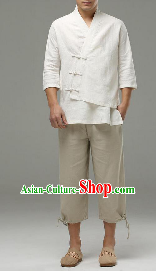 Traditional Top Chinese National Tang Suits Linen Frock Costume, Martial Arts Kung Fu Slant Opening Sleeve White Blouse, Kung fu Plate Buttons Unlined Upper Garment, Chinese Taichi Shirts Wushu Clothing for Men
