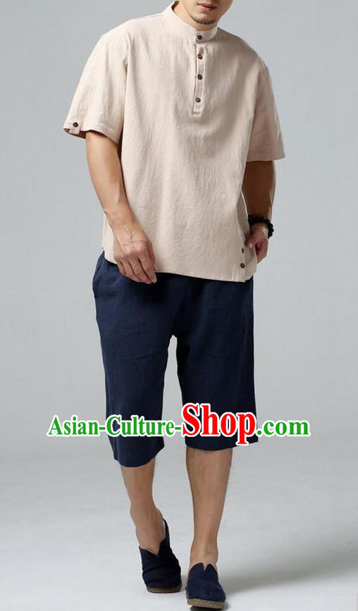 Traditional Top Chinese National Tang Suits Linen Frock Costume, Martial Arts Kung Fu Stand Collar Short Sleeve Beige T-Shirt, Kung fu Plate Buttons Upper Outer Garment, Chinese Taichi Shirts Wushu Clothing for Men